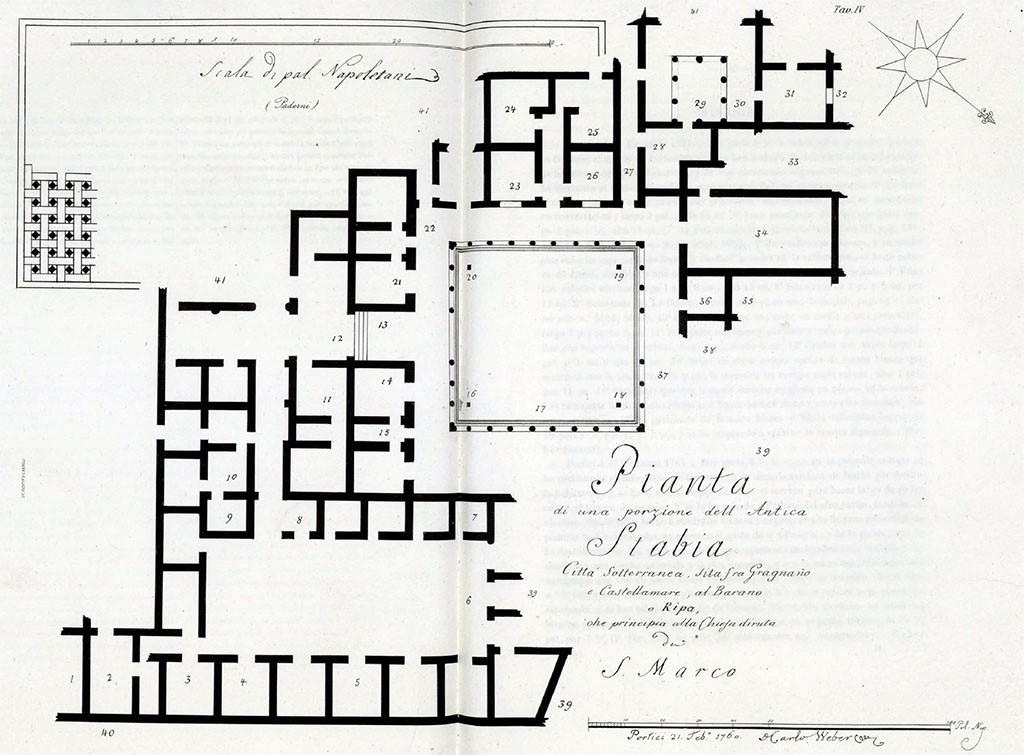 Stabiae, Villa Arianna, 1760 plan by Karl Weber.
See Ruggiero M., 1881. Degli scavi di Stabia dal 1749 al 1782, Naples, (Tav. IV).
